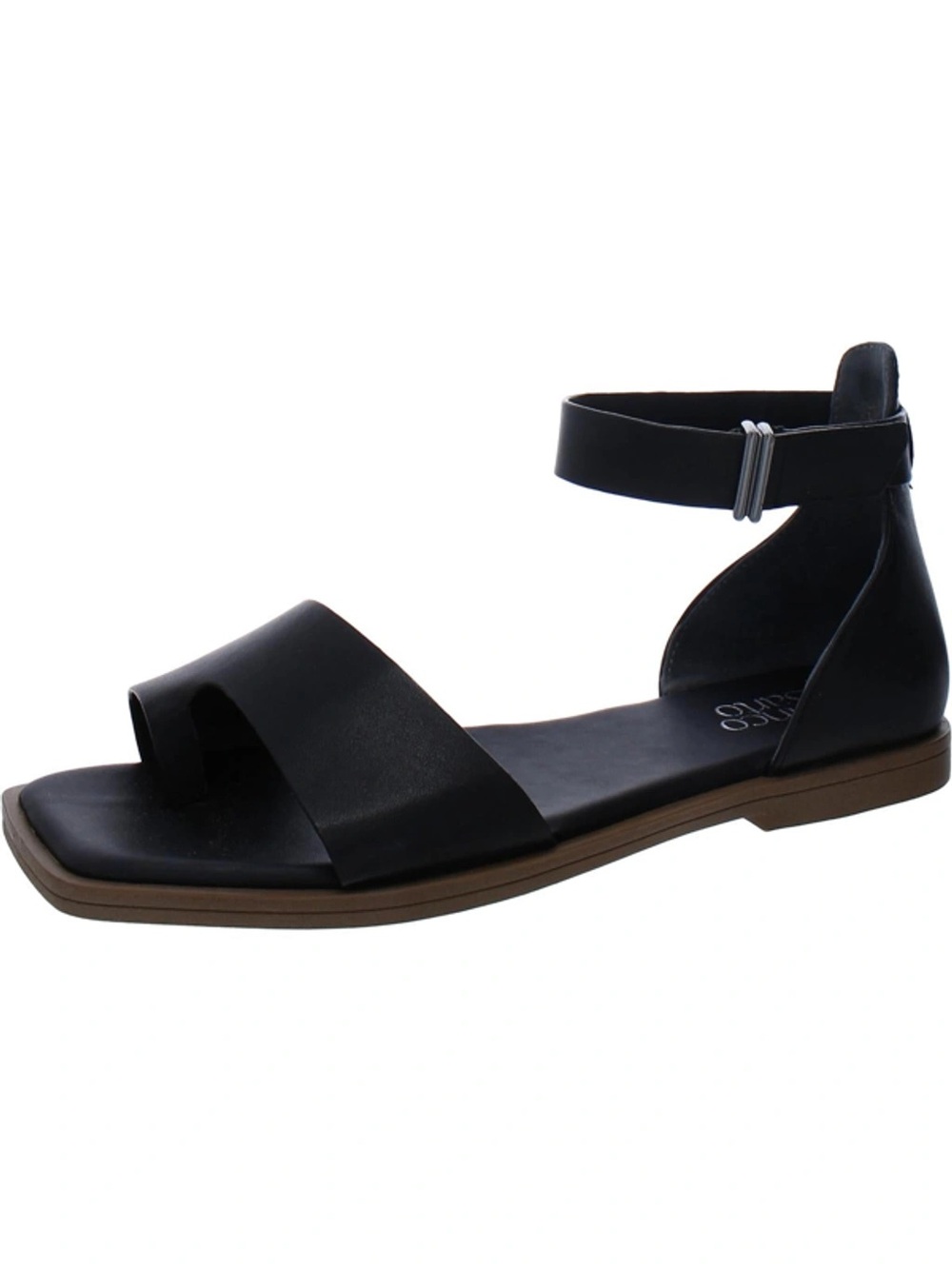 Franco Sarto Miras women's black leather toe loop ankle strap sandals.